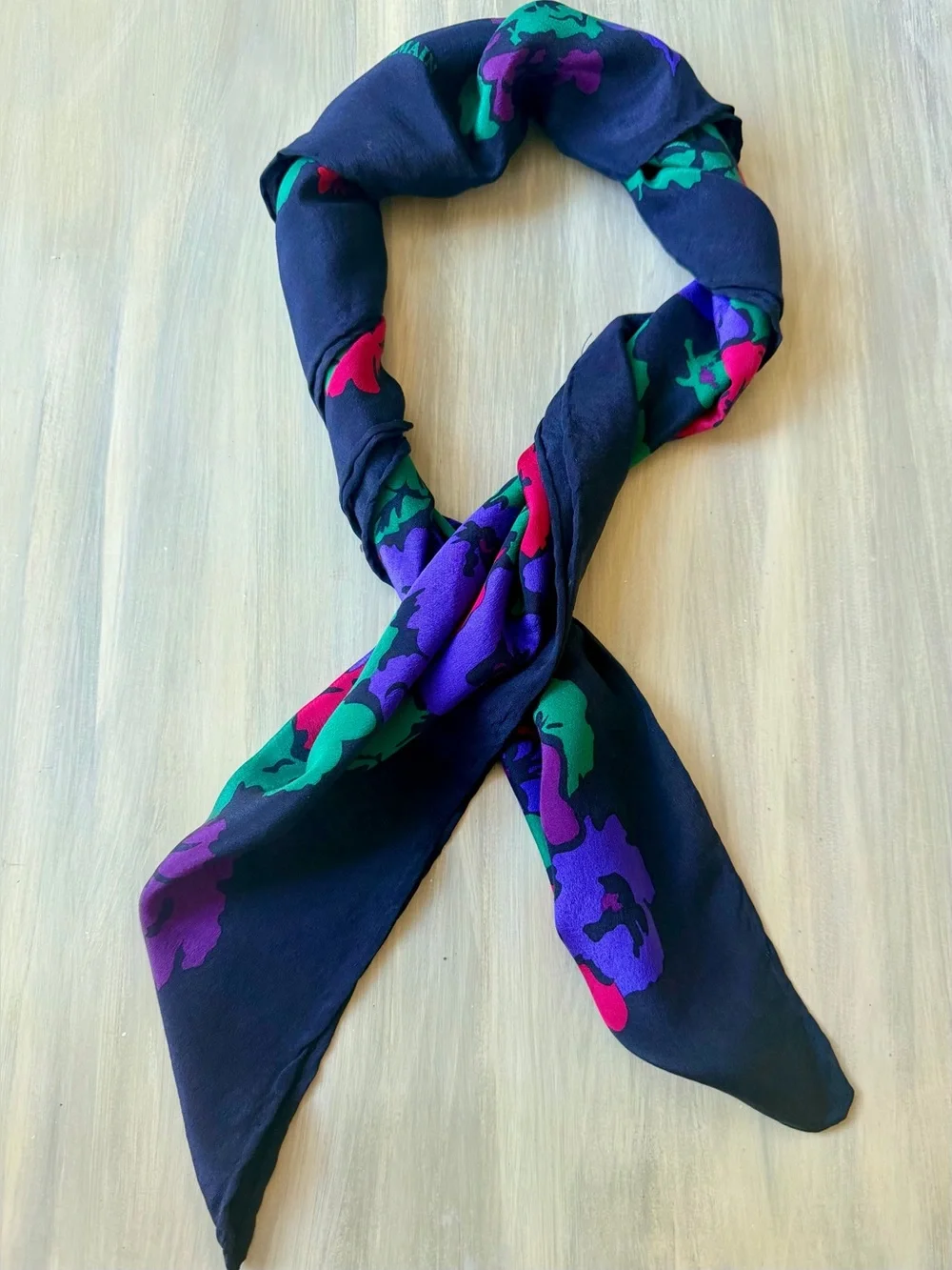 Balmain Navy Floral Silk Scarf Cottagecore Green Purple Pink Blooms
